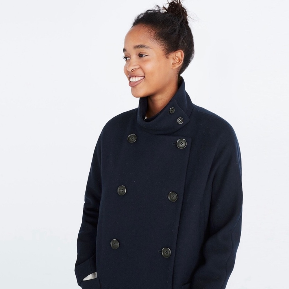 Madewell Double Breasted City Grid Coat Navy Wool Blue Pea‎ Coat H0064 Size 00